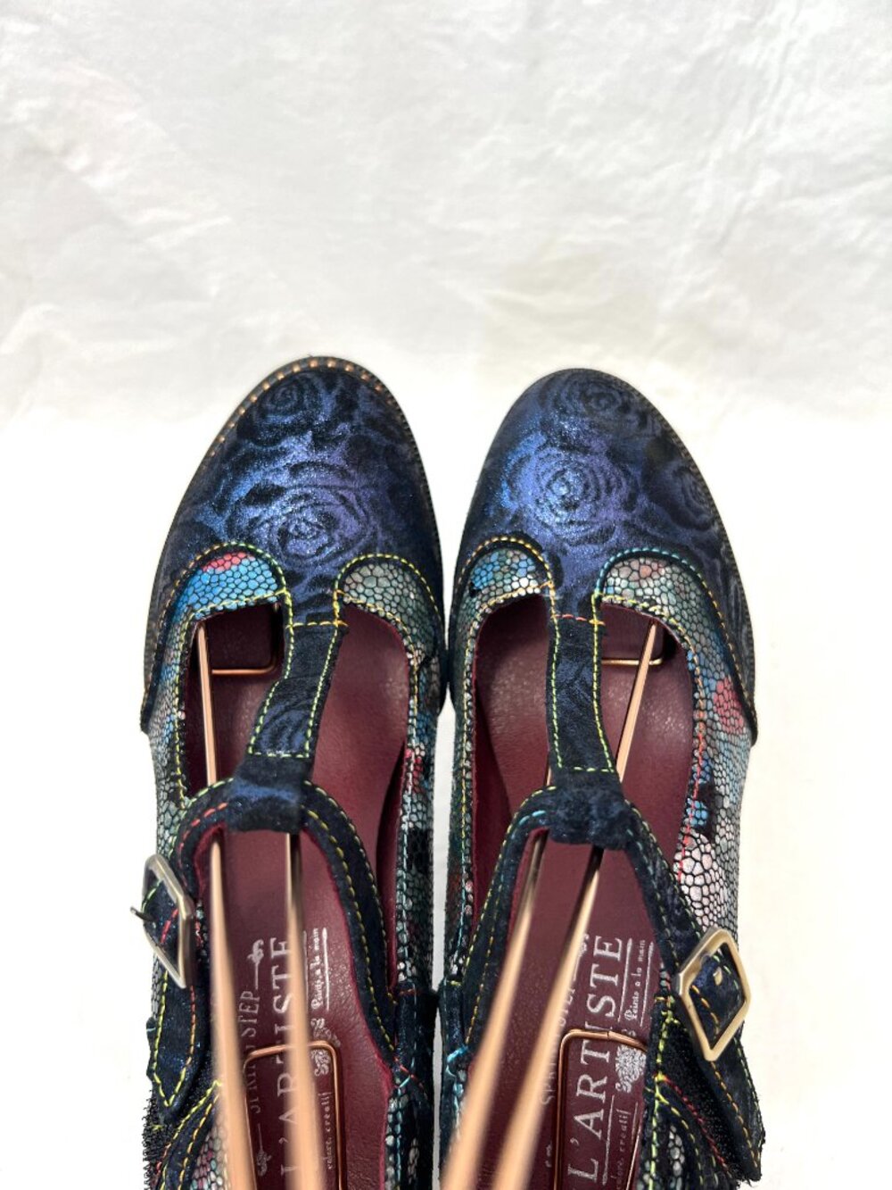 L'Artiste pumps high heels 36 6 womens Mazie navy blue floral metallic t bar - Picture 5 of 11